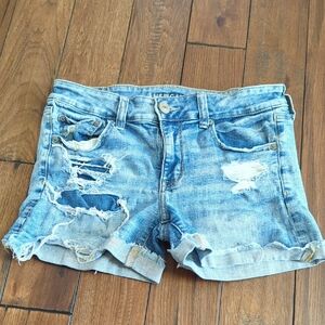 American Eagle Outfitters Women's Light Blue Distressed Jean Shorts Size 10